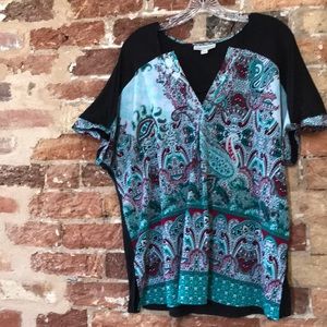Wonderful aqua greens, deep red and black top.